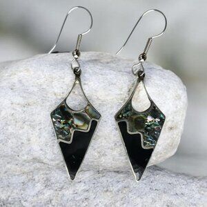 Vintage Abalone Black Onyx Dangle Earrings Arrow Abstract Geometric Silver Tone